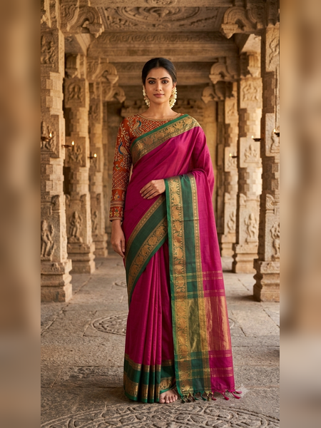SS05-Elegant magenta-pink handloom cotton saree