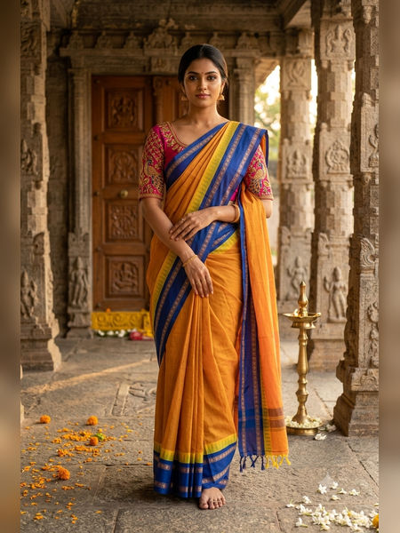 SS15-Mustard-orange handloom cotton saree