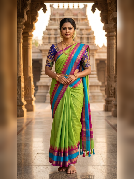 SS04-Parrot green handloom cotton saree
