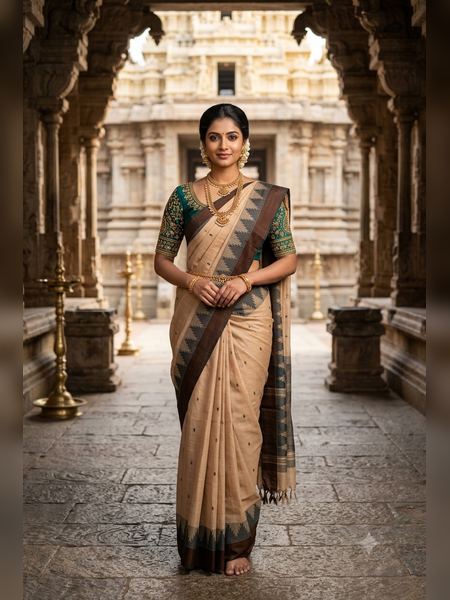 SS17-Elegant light beige handloom cotton saree