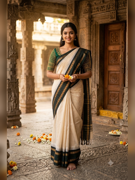 SS11- Traditional off-white handloom cotton saree