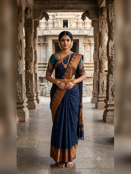 SS23-Deep navy blue handloom cotton saree