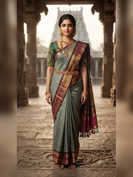SBS17-Muted grey-green handloom banana silk saree