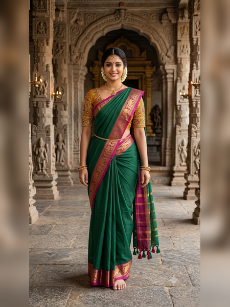 SS07-Traditional deep green handloom cotton saree