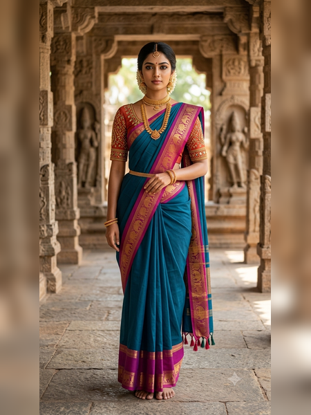 SS03-Deep teal-blue handloom cotton saree