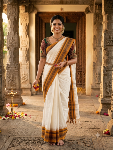 SS09-Traditional off-white handloom cotton saree