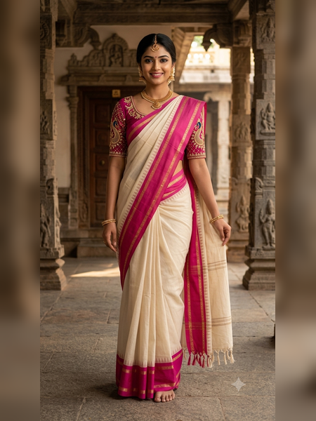 SS08-Elegant off-white handloom cotton saree