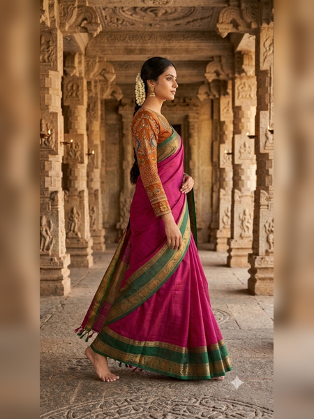 SS05-Elegant magenta-pink handloom cotton saree