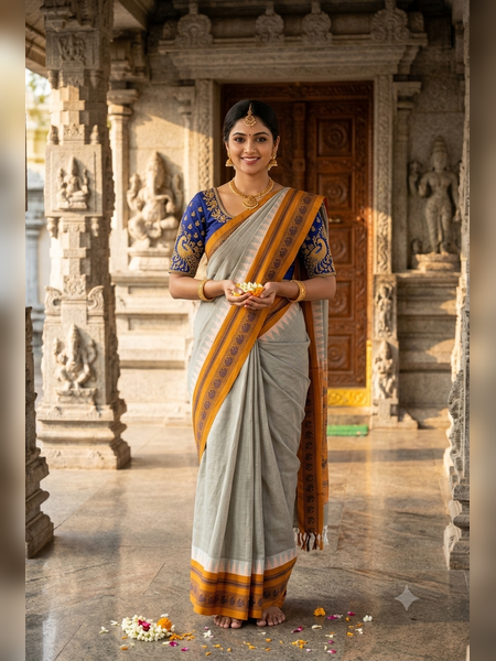 SS12-Light olive-grey handloom cotton saree