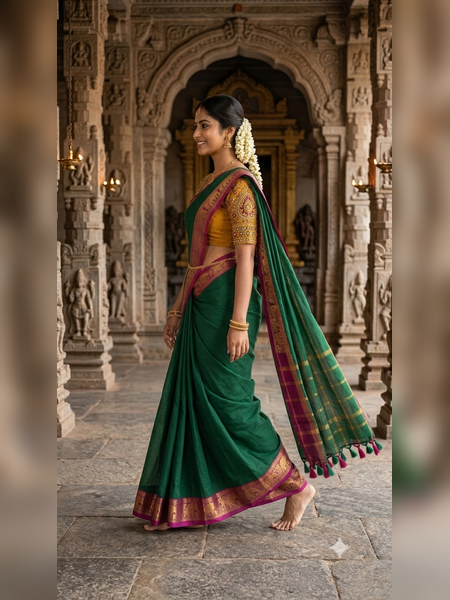 SS07-Traditional deep green handloom cotton saree