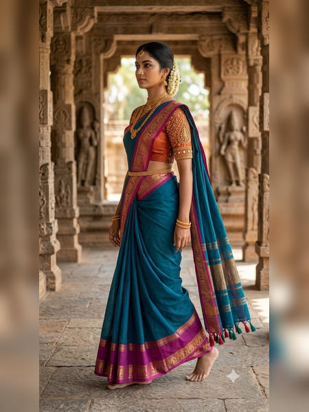 SS03-Deep teal-blue handloom cotton saree