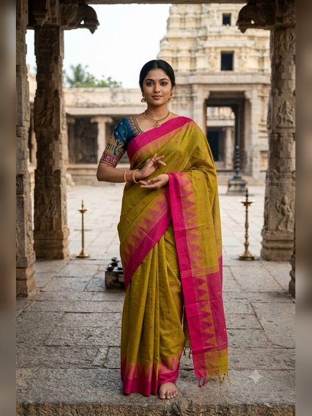 SS24-Olive-gold handloom cotton saree