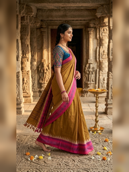 SS14- Mustard-yellow  handloom cotton saree
