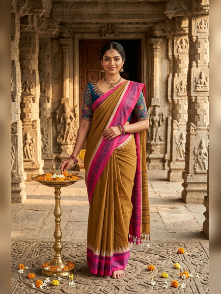 SS14- Mustard-yellow  handloom cotton saree