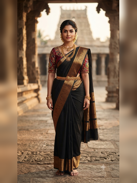 SBS09-sleek black handloom banana silk saree