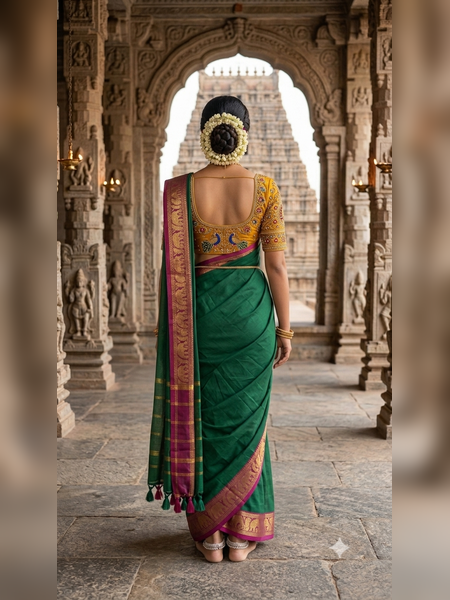 SS07-Traditional deep green handloom cotton saree