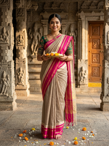 SS13-Elegant greyish-beige  handloom cotton saree