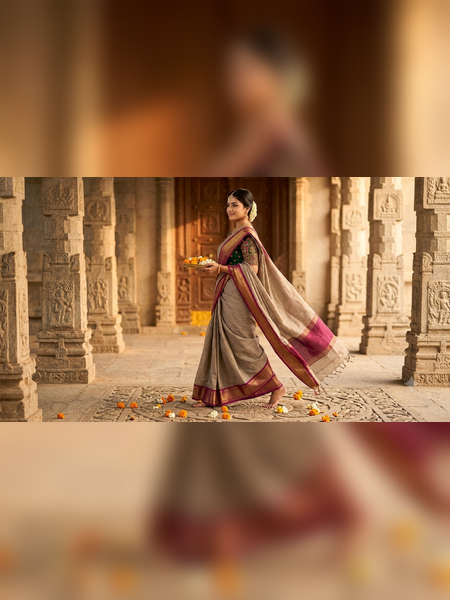 SS13-Elegant greyish-beige  handloom cotton saree