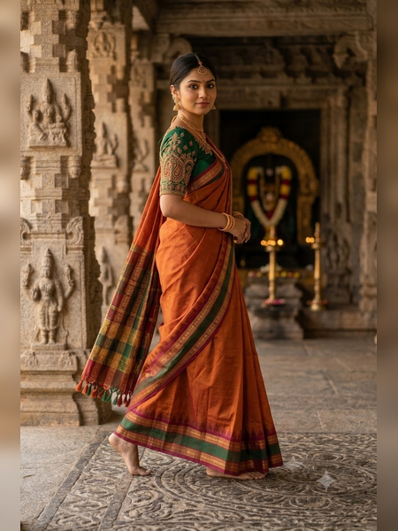 SS01-Vibrant orange-rust handloom cotton saree