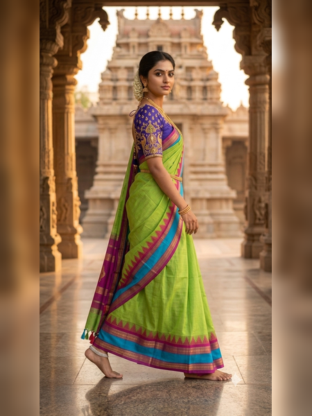 SS04-Parrot green handloom cotton saree
