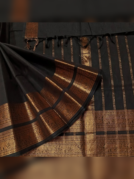 SBS09-sleek black handloom banana silk saree