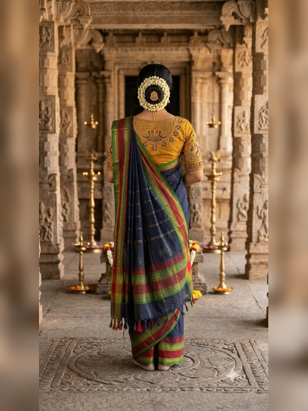 SS02-Traditional deep blue handloom cotton saree