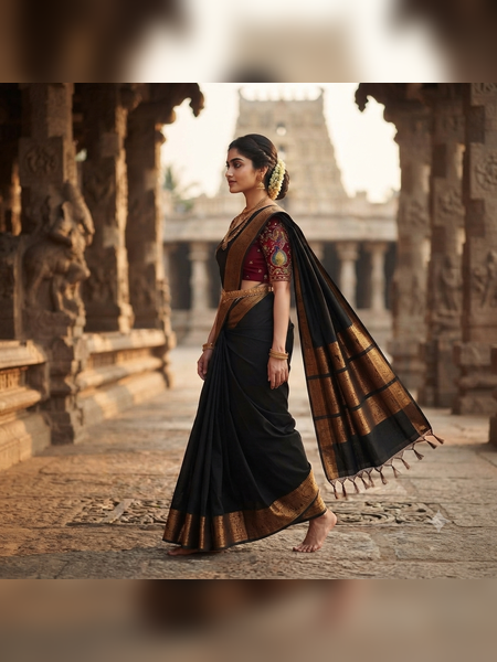 SBS09-sleek black handloom banana silk saree