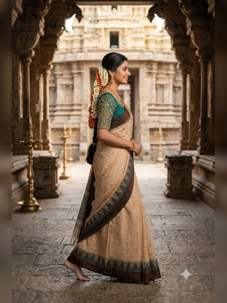 SS17-Elegant light beige handloom cotton saree