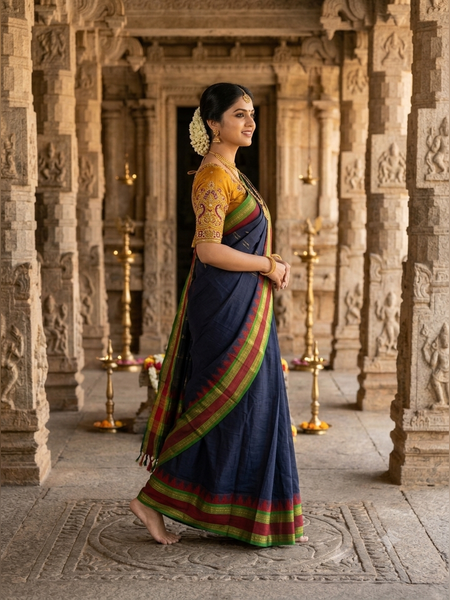 SS02-Traditional deep blue handloom cotton saree