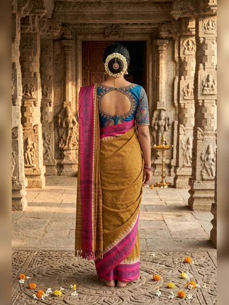 SS14- Mustard-yellow  handloom cotton saree