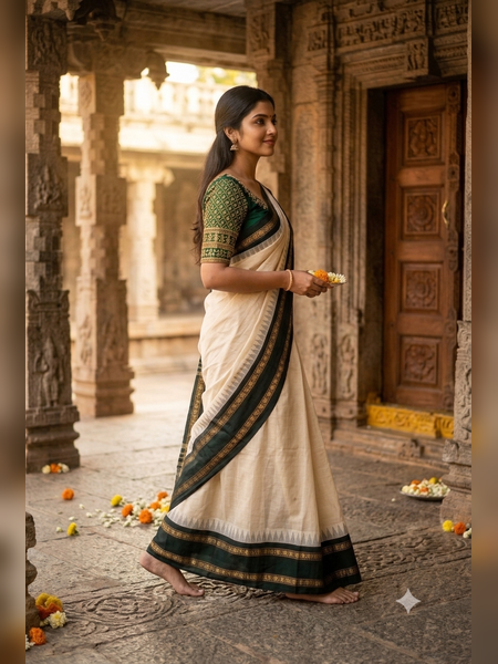 SS11- Traditional off-white handloom cotton saree