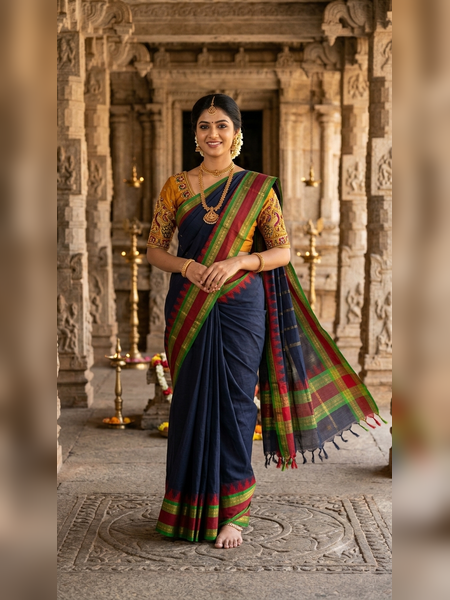 SS02-Traditional deep blue handloom cotton saree